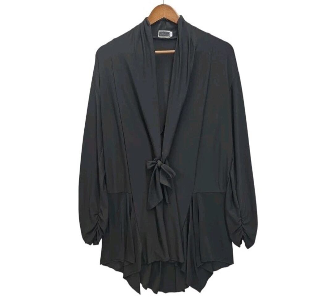 Sympli Black Matte Jersey Waterfall Tie Front Cardigan Ruffle Blouse Top 12